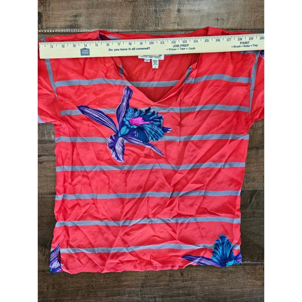 RARE VTG Irka 100% Silk 2 Piece Skirt‎ Set Coral Pink Blue Orchid Floral Stripe